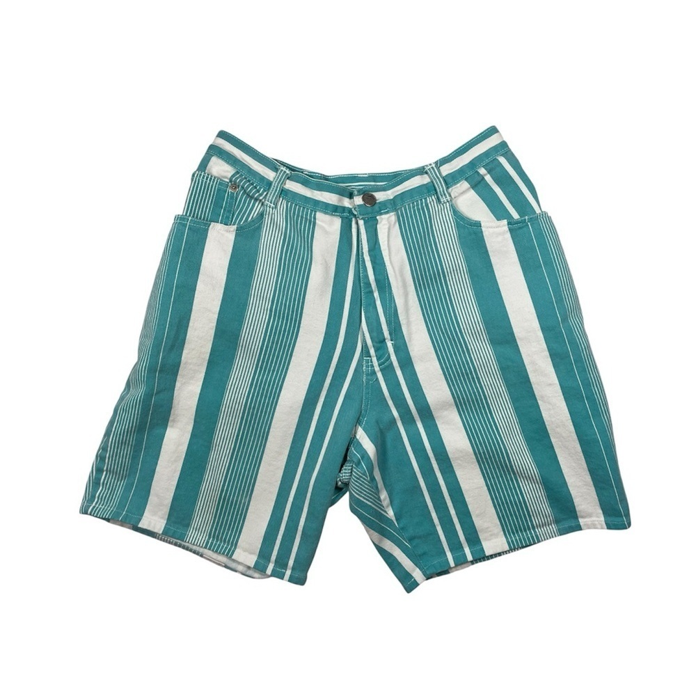 Vintage Gitano Teal White Striped Shorts Mens 34 Cotton 90s Retro
